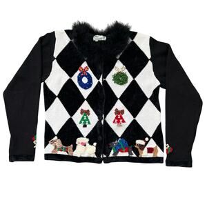 Jack B Quick Petites Argyle Christmas Sweater Cardigan Dogs Medium Grandmacore